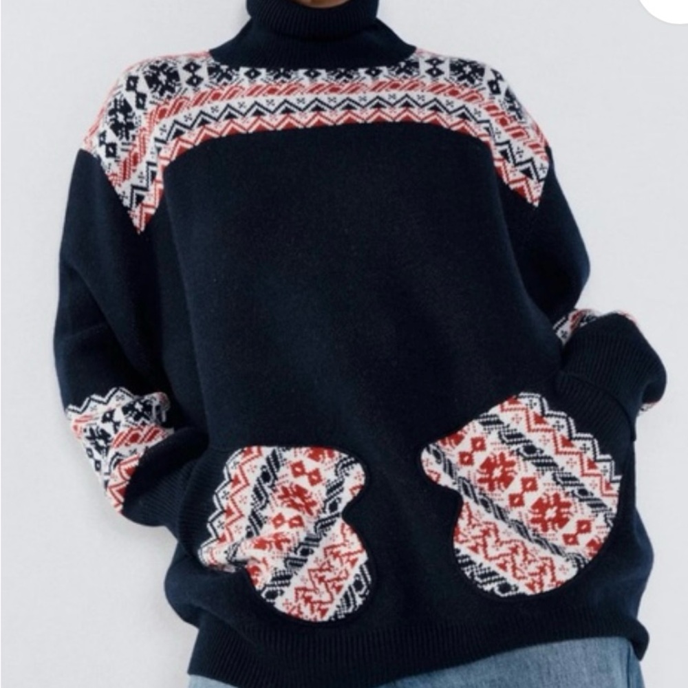 Rate navy and Red Patterned Women's Sweater with mitten pockets